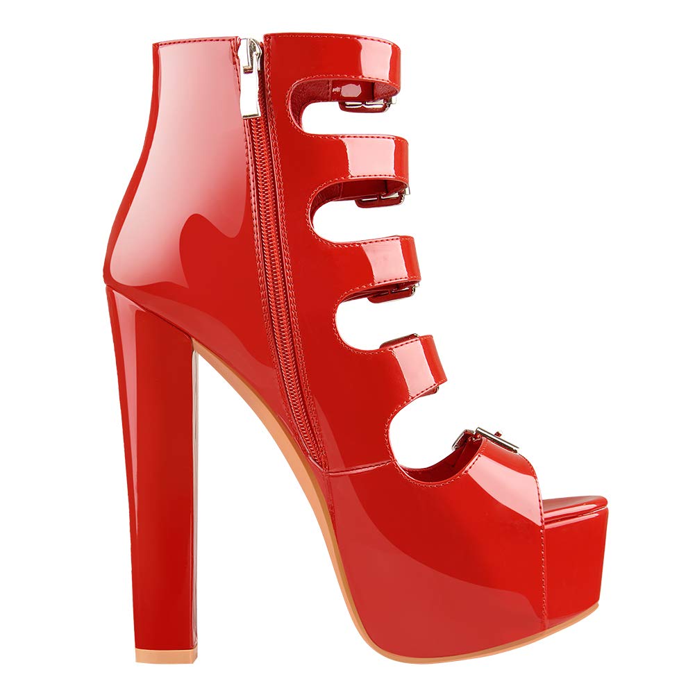 onlymakerheels Womens Heeled Sandals Peep Open Toe Ankle Boots Wrap Buckle Strap High Chunky Heels Zipper Sandals Red Size15