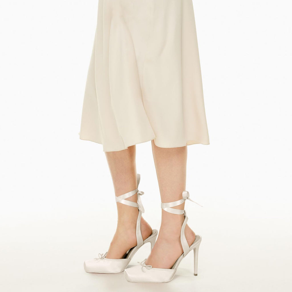 Riekhany Satin Ballet Heels for Women Closed Square Toe Bow Ballerina Heels Lace Up High Heel Slingback Pumps Strappy Stiletto Mary Janes Elegant Party Shoes White