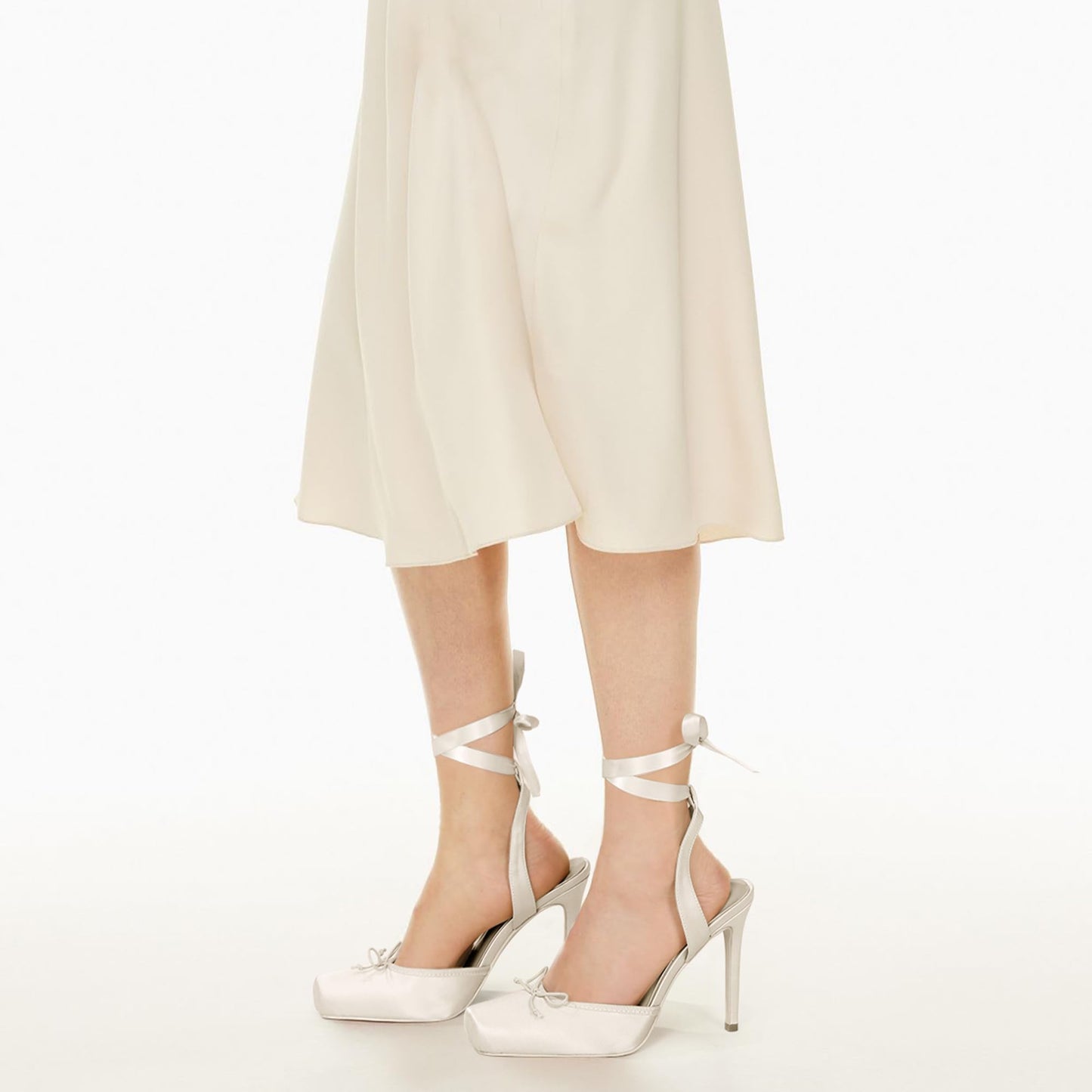 Riekhany Satin Ballet Heels for Women Closed Square Toe Bow Ballerina Heels Lace Up High Heel Slingback Pumps Strappy Stiletto Mary Janes Elegant Party Shoes White