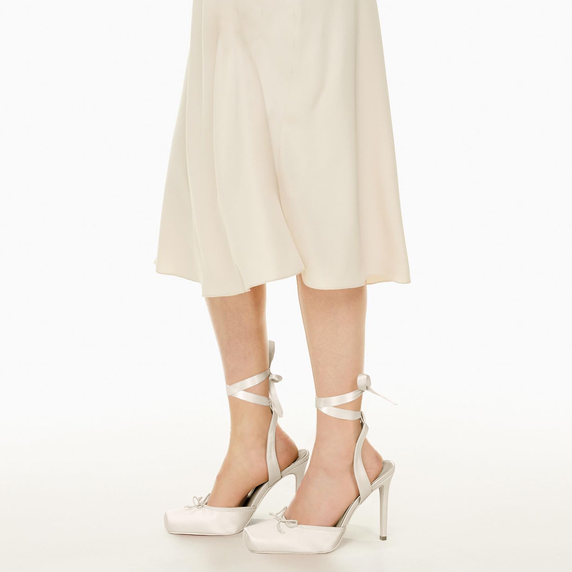 Riekhany Satin Ballet Heels for Women Closed Square Toe Bow Ballerina Heels Lace Up High Heel Slingback Pumps Strappy Stiletto Mary Janes Elegant Party Shoes White