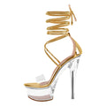 MissHeel Tie Up Platform Heels Clear Ankle Wrap Sandals for Women Gold Stiletto High Heels 6 inch Sexy Party Dancing