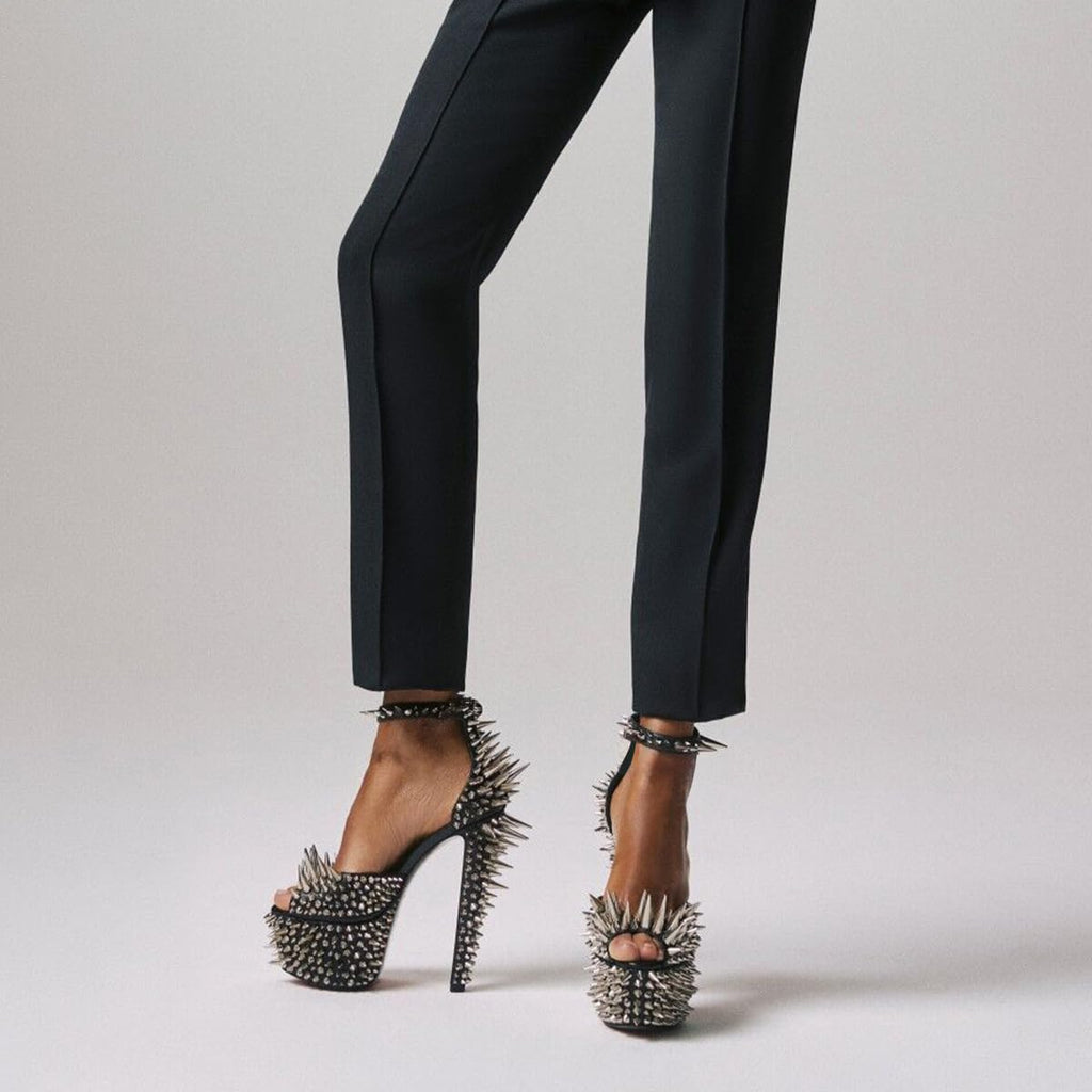 FSJ Women Spiked High Heel Sandals with Studded Ankle Strap Peep Toe Platform Chunky Rivets Heel Sexy Night Club Shoes