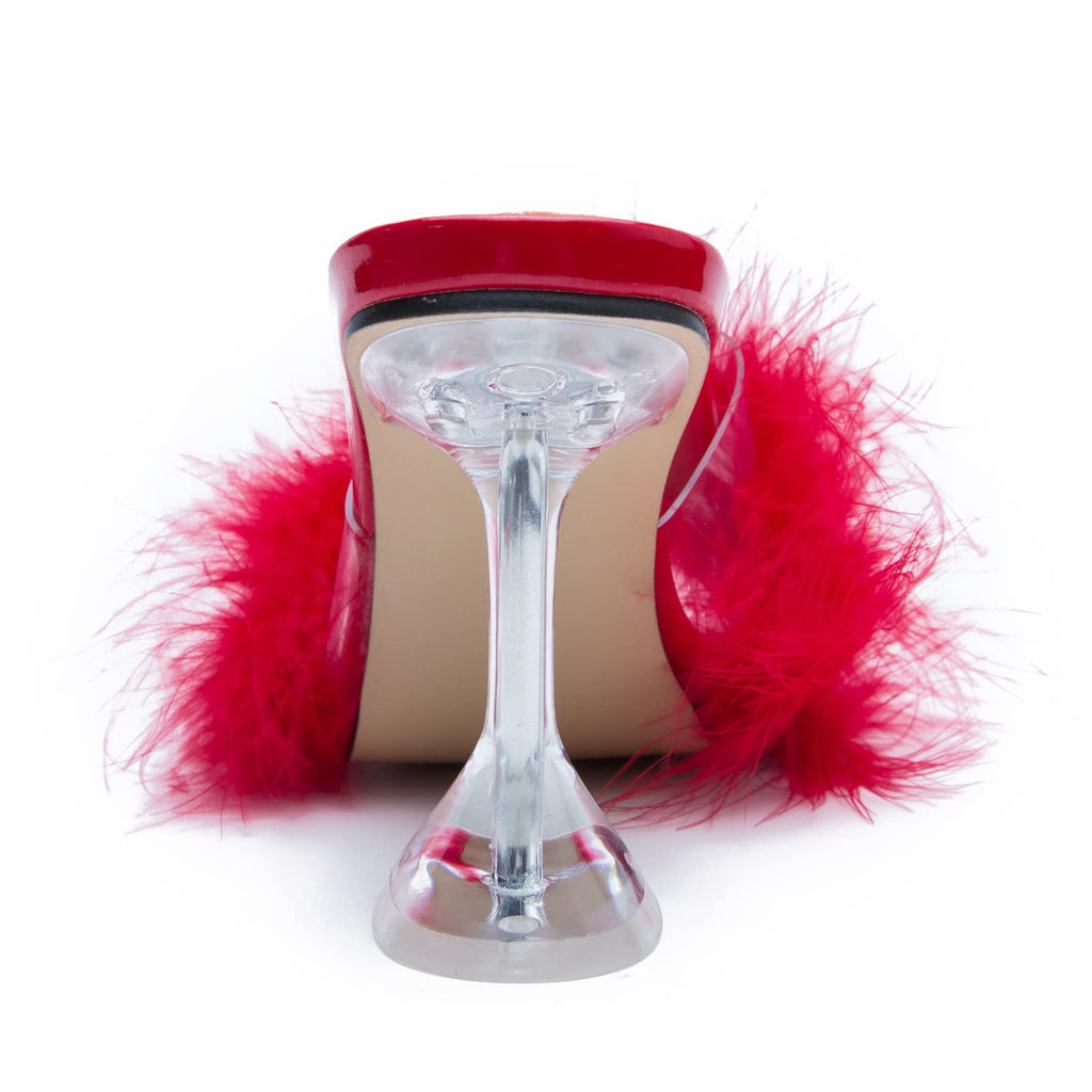 LIURUIJIA Feather High Heel Mules Sandals for Women Slip On Square Toe Clear Tapered Chunky Heels Fuzzy Fluffy Bridal Wedding Party Sexy Shoes Red