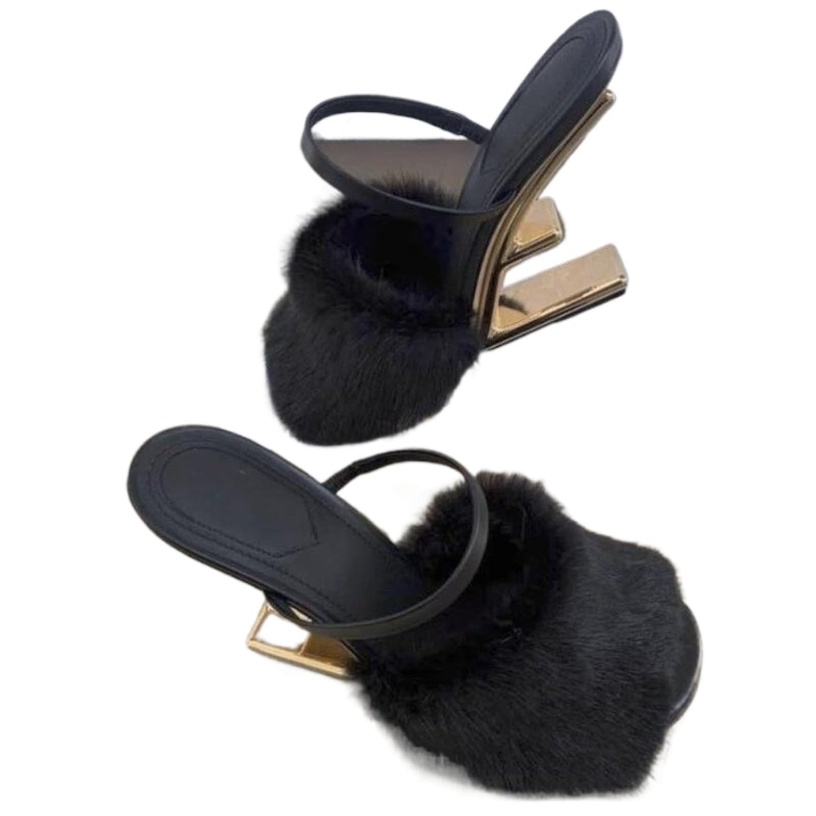 Azttoztto Women's Furry Slide Sandals High Heel Round Toe Designer Slippers Unique Geometric Heel Dressy Evening Shoes (black,4.5)