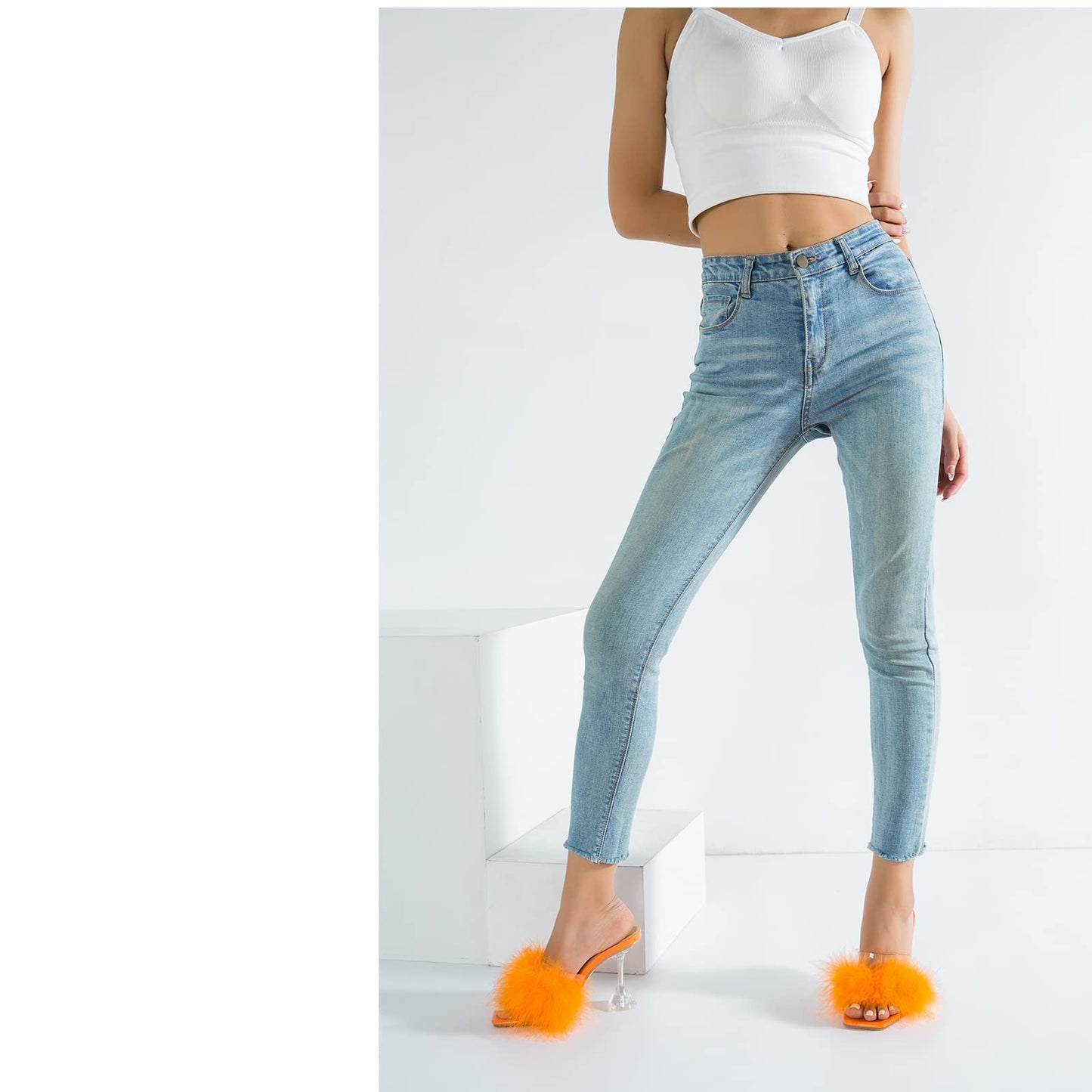 LIURUIJIA Women's Square Toe Feather Fluffy Fuzzy Heels High Heeled Dress Sandals Wedding Bridal Party Shoes Orange 39 US 7.5