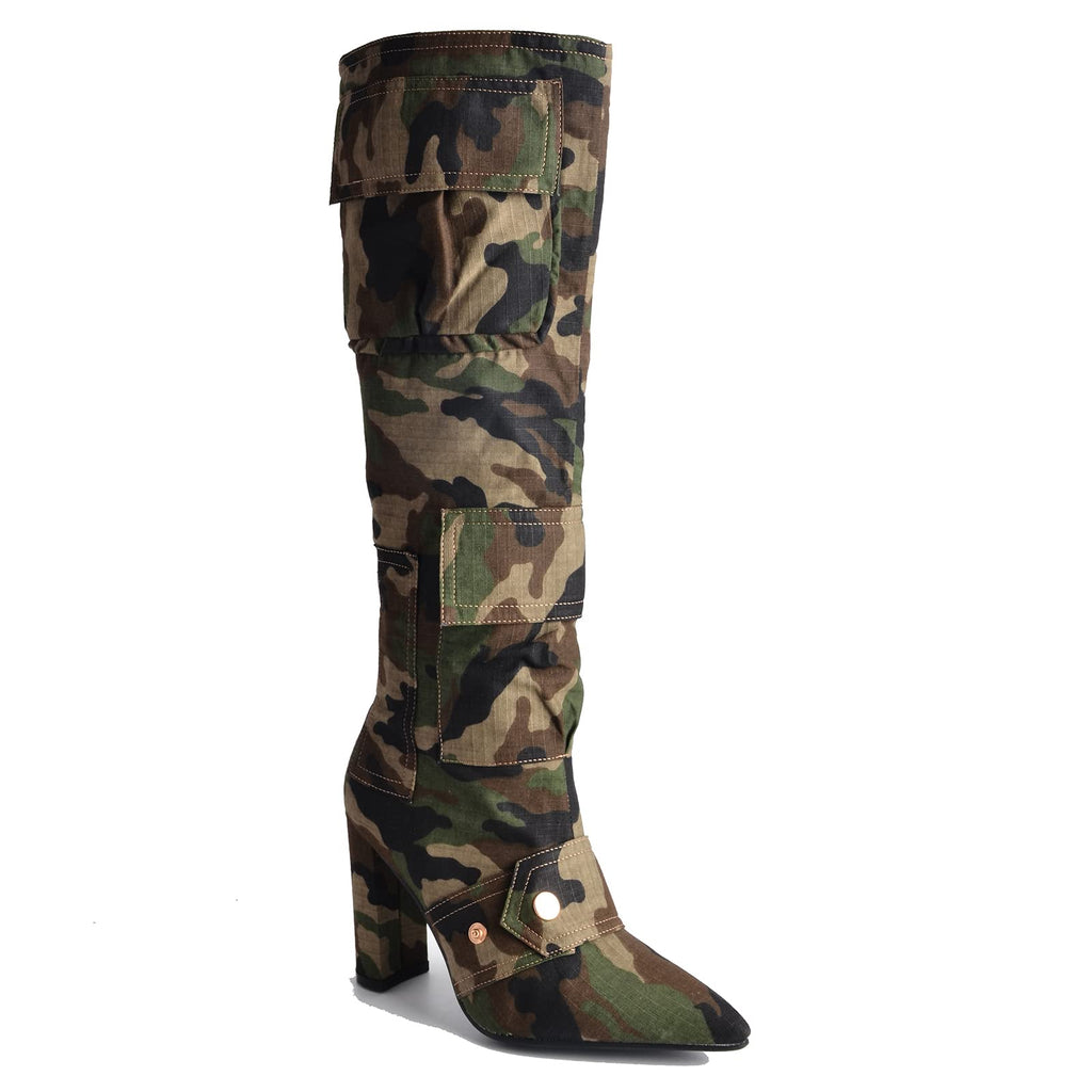 Arqa Women's Camo Knee High Boots Pointed Toe Block Heel Camouflage Boot with Metal Buttons Multiple Pockets Boot