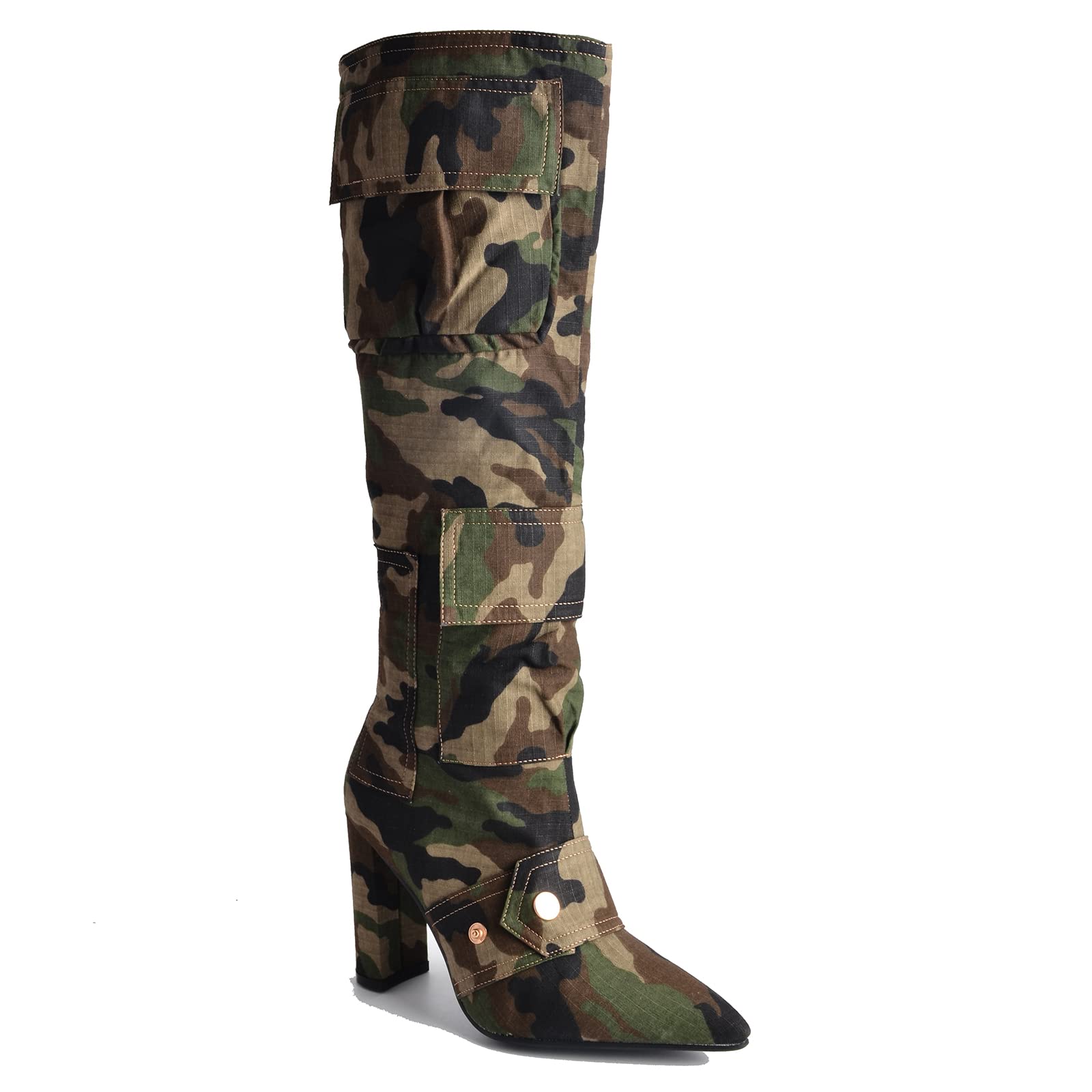 Arqa Women's Camo Knee High Boots Pointed Toe Block Heel Camouflage Boot with Metal Buttons Multiple Pockets Boot