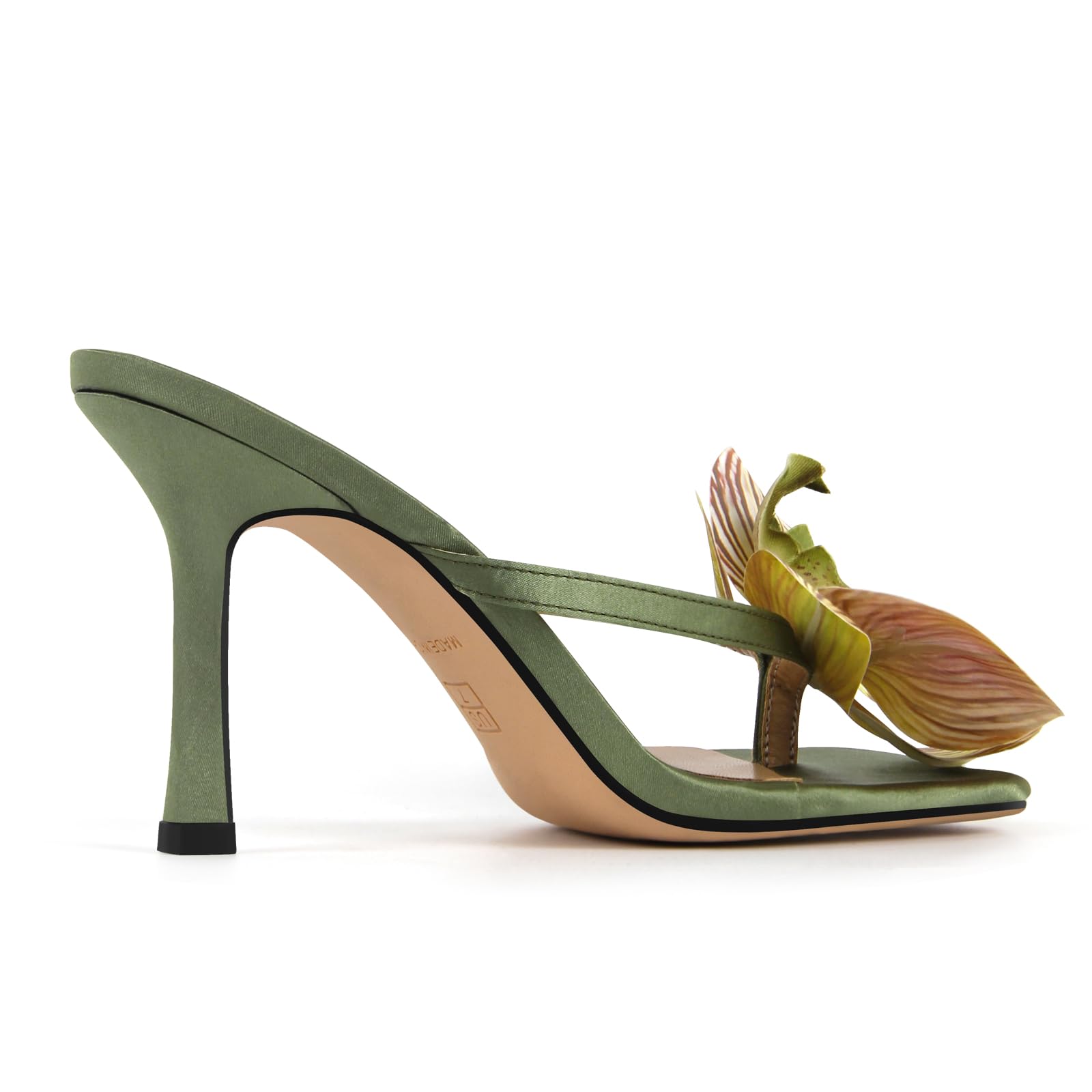 Only maker Orchid Heels for Women Square Toe Low Heeled Sandals Sexy Slip On Green Satin Heels with Orchid Flower For Wedding Bridal Fashion Party Dress Open Toe Mid Block Heeled Sandals Size 8