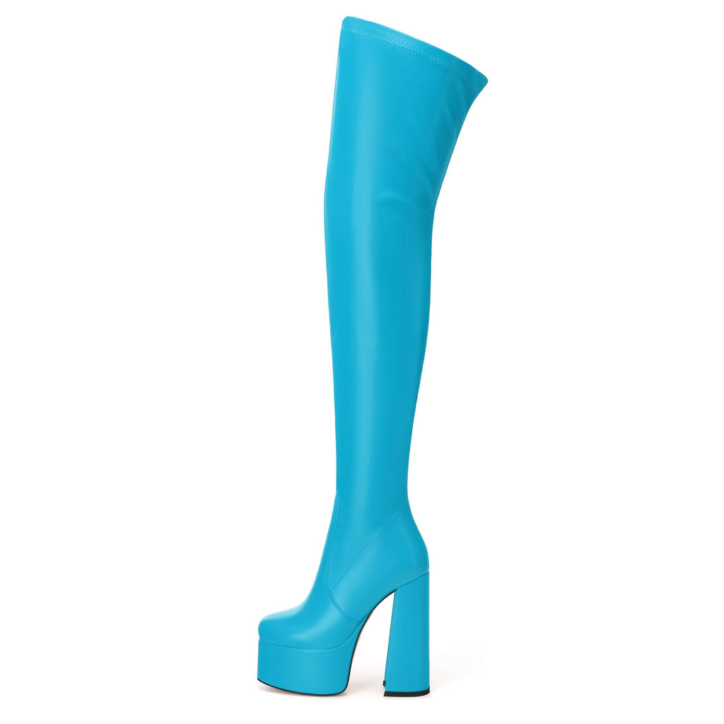 SKYSTERRY Lake Blue Women's Thigh High Boots Over The Knee Platform High Chunky Round Toe Heels Boots Side Zipper Sexy Comfortable Long Boots