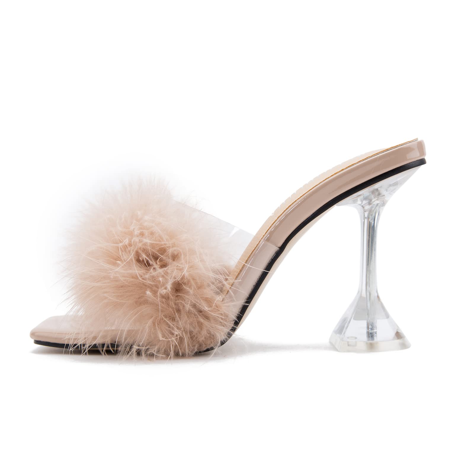 LIURUIJIA Feather High Heel Mules Sandals for Women Slip On Square Toe Clear Tapered Chunky Heels Fuzzy Fluffy Bridal Wedding Party Sexy Shoes Nude