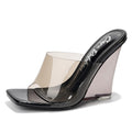Cape Robbin Slip On Clear Wedge Heels for Women - Square Toe Comfortable Lightweight Dressy Shoes, Summer Casual Outfits (MALA) Black