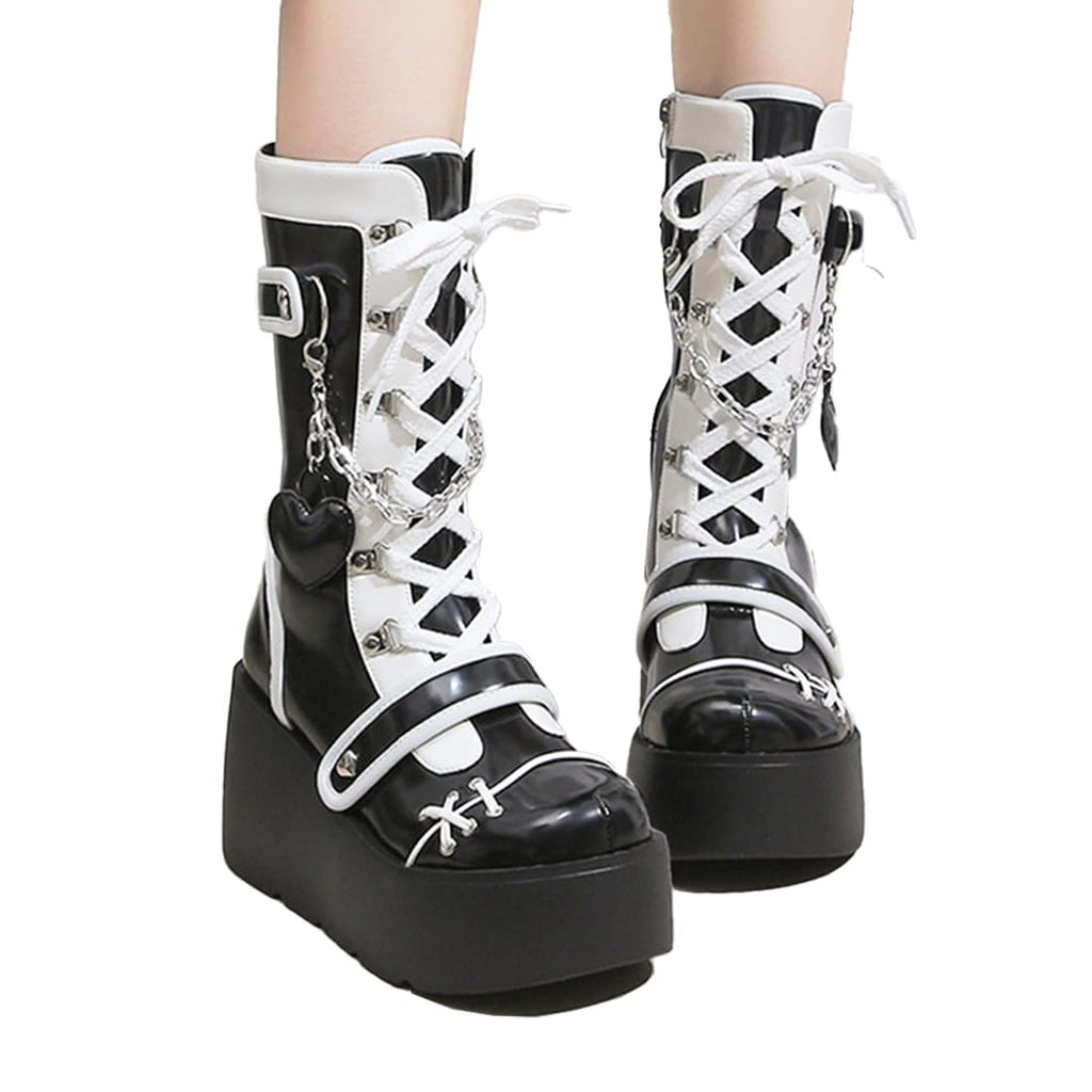 XYKHUI Goth Platform Buckle Boots for Women's Chunky High Heel Lace Up Punk Motorcycle Combat Boots with Chain Black