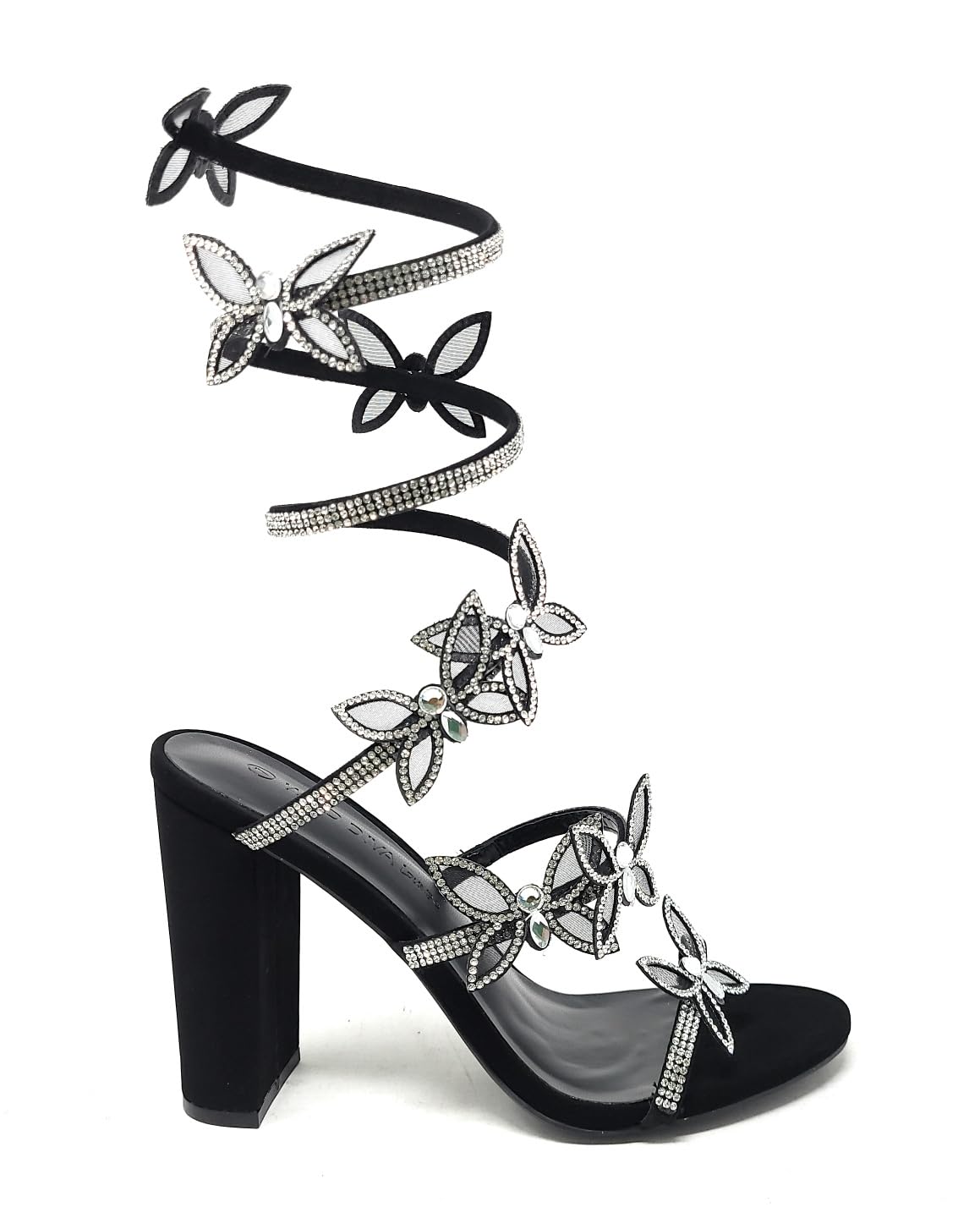 Wild Diva Women's Embellished Rhinestone Butterfly Spiral Coil Wrap Around Chunk Heel Morris-581 (Black Nubuck
