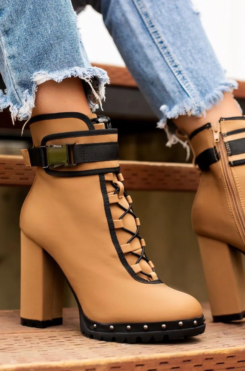 Pazzle Stylish 18 Womens Waterproof Chunky Heel Platform Drawstring Lug Sole Snow Boots Tan