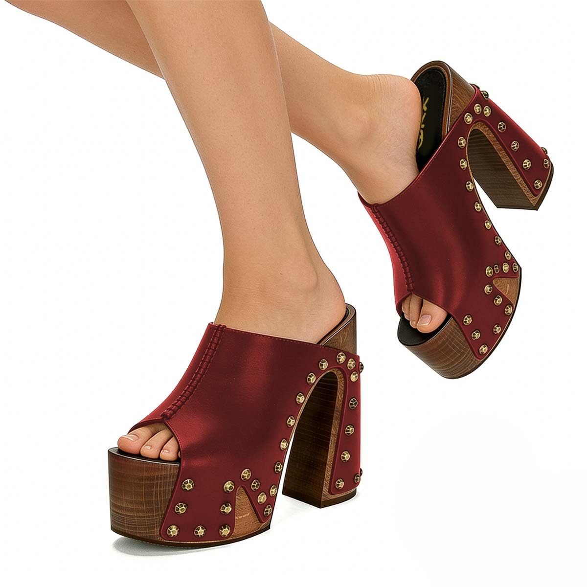 XYD Women Wooden Chunky Heel Mules Platform Bronzed Studs Open Toe Block Sandals Vintage Parties Shoes (Size 7.5, Red)