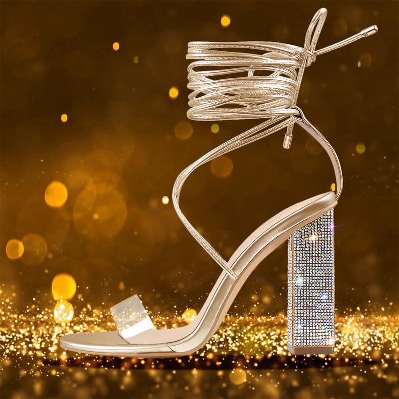 Richealnana Women's Rhinestones Lace Up Crisscross Stiletto Heel Strappy Sandals For Party Prom Gold US
