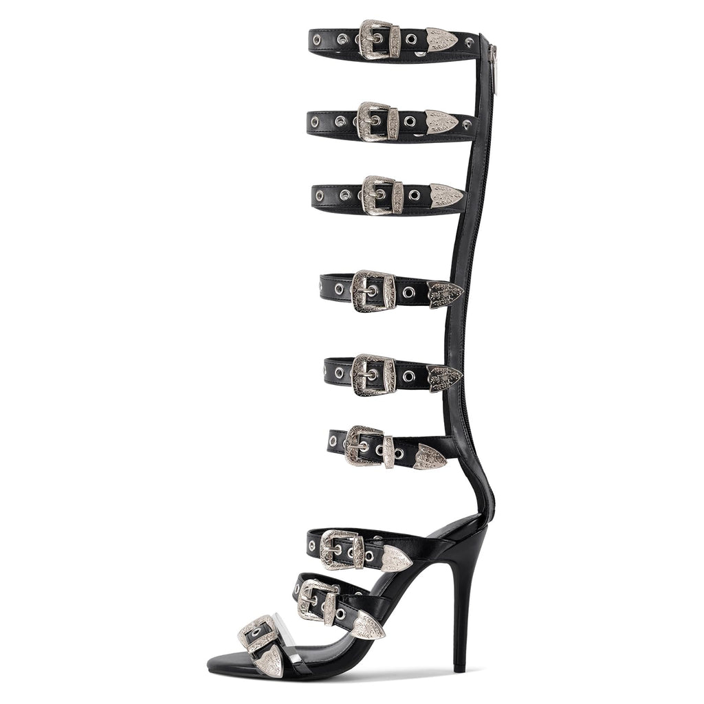 richealnini Sexy Heels for Women Knee High Gladiator Sandals Buckle Studded Rings Black Gladiator Heels for Women Dressy Sparkle Open Toe Kitten Heeled Sandals Silver Belt Straps Punk