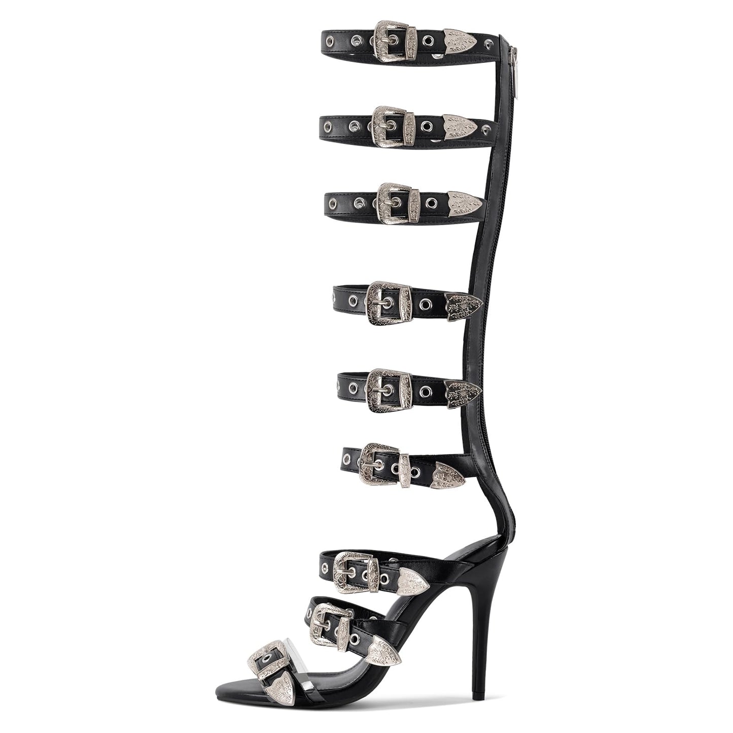 richealnini Sexy Heels for Women Knee High Gladiator Sandals Buckle Studded Rings Black Gladiator Heels for Women Dressy Sparkle Open Toe Kitten Heeled Sandals Silver Belt Straps Punk