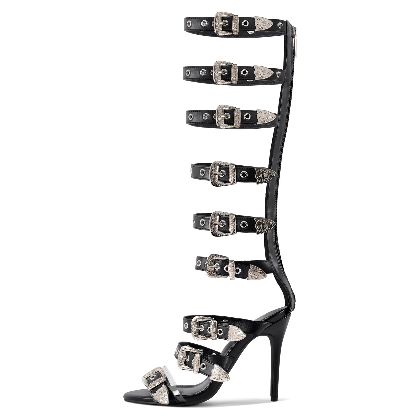 richealnini Sexy Heels for Women Knee High Gladiator Sandals Buckle Studded Rings Black Gladiator Heels for Women Dressy Sparkle Open Toe Kitten Heeled Sandals Silver Belt Straps Punk