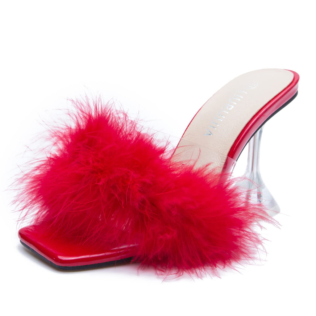 LIURUIJIA Feather High Heel Mules Sandals for Women Slip On Square Toe Clear Tapered Chunky Heels Fuzzy Fluffy Bridal Wedding Party Sexy Shoes Red