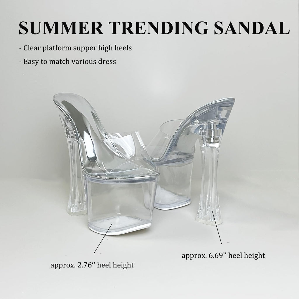 Womens's Clear Platform Heels for Women Sky High Mules Slide Chunky Sexy 6-Inch Heeled Dancing Sandals Silver