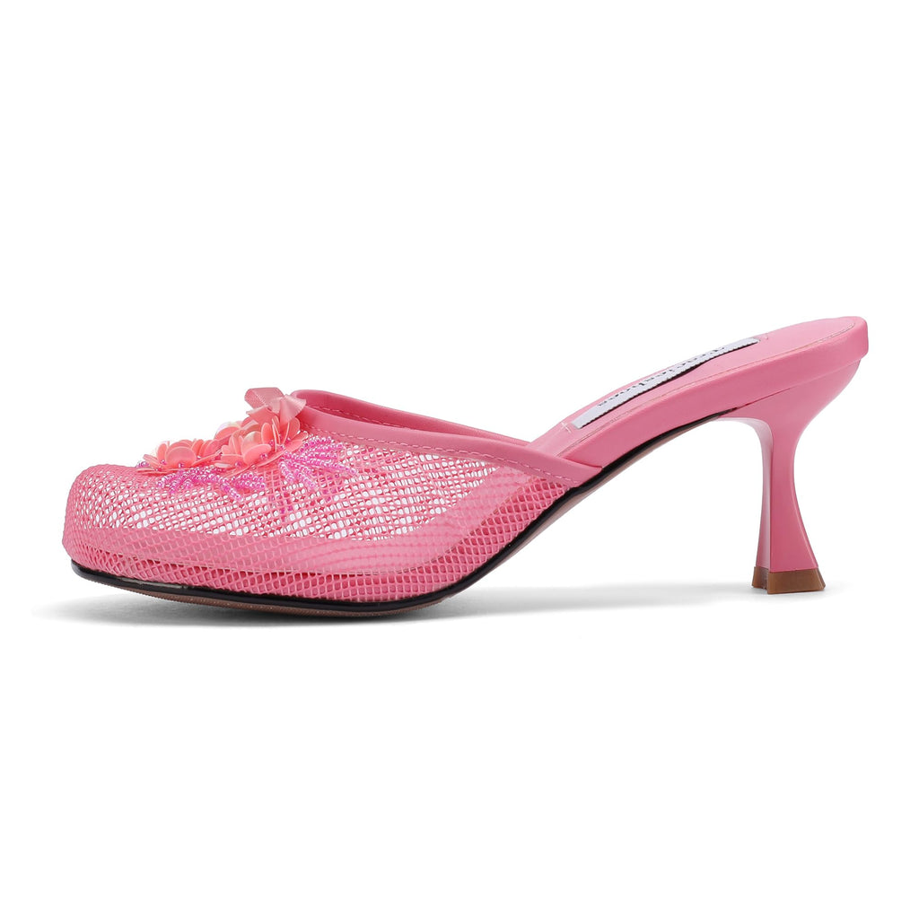 Tracieshoes Women's Mesh Mule Slip On Sandals With Floral Sequin Embellishments Round Toe Middle 2.5 Inch Heel Slides Slippers Pink