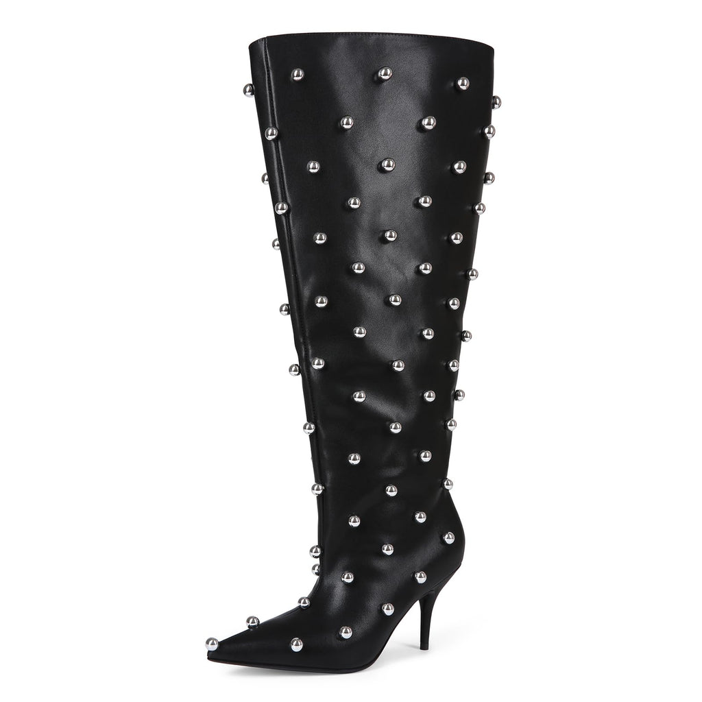 USRUNOE Wide Calf Boots for Women 3.4 Inch Stiletto Heels Knee High Pointed Toe Studded Black Pull On Fashion Tall Boots Y2K Style Comfortable