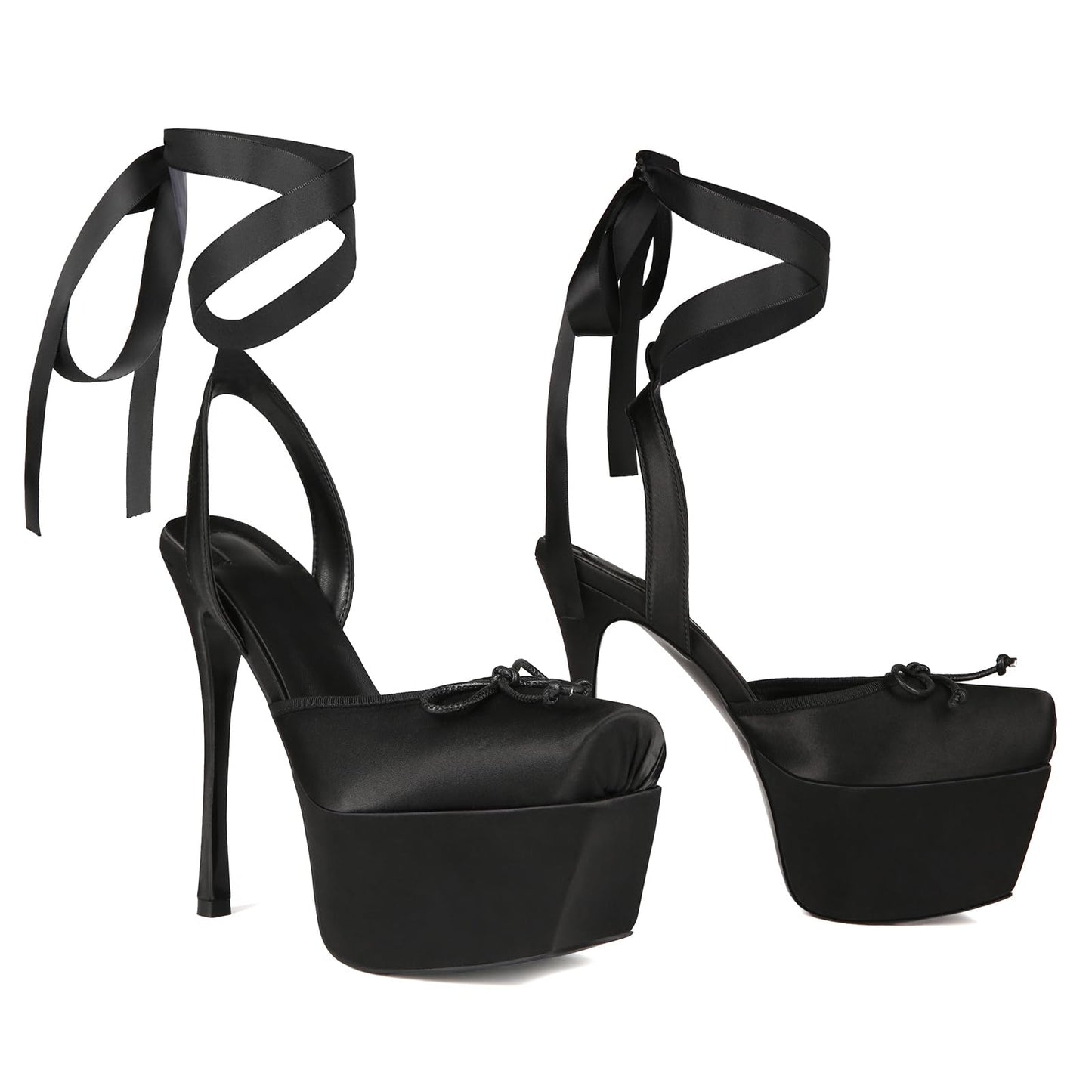 Saint Leia Women's Ballet Platform High Heels Square Closed Toe Bow Heels Lace Up Summer Elegant Sandal