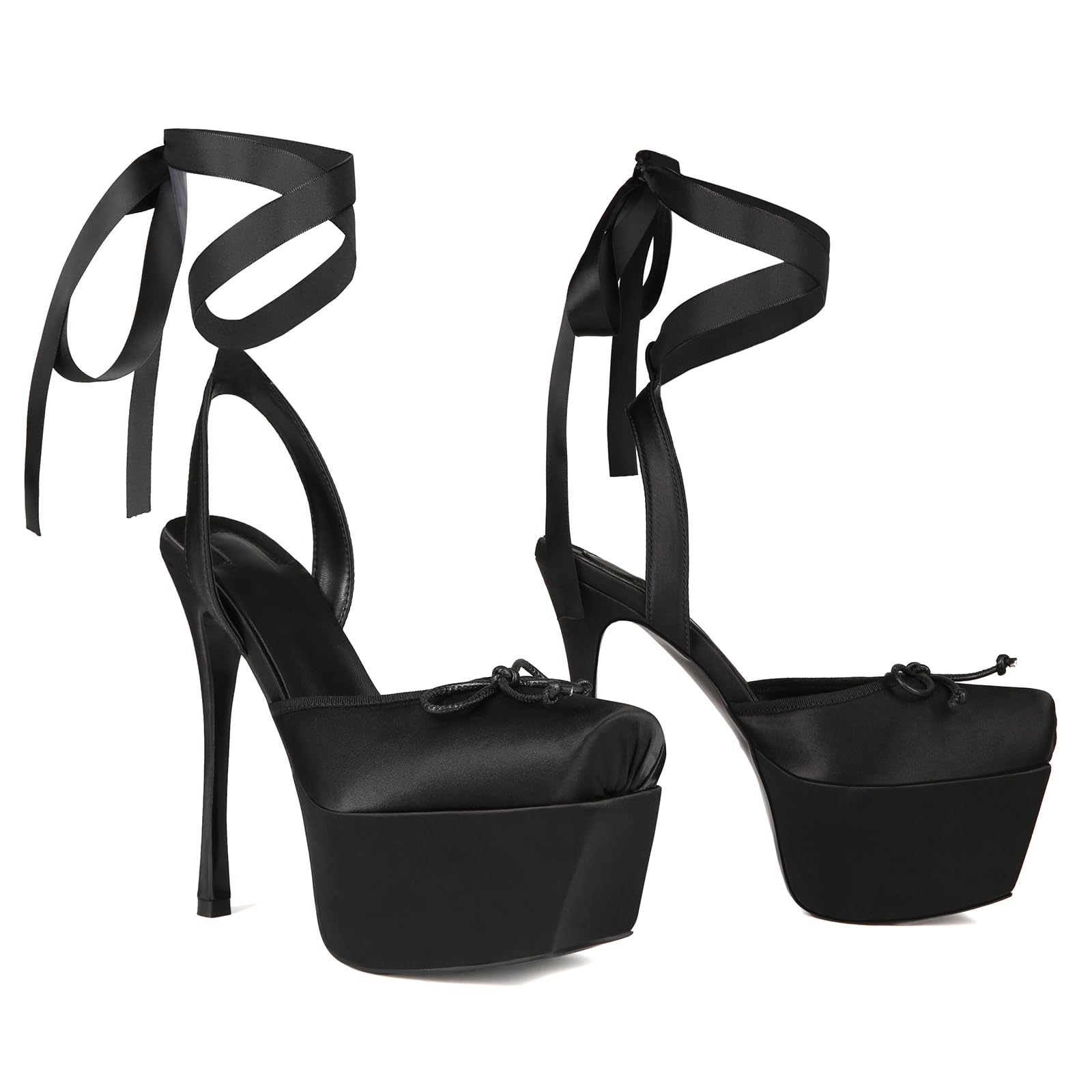 Saint Leia Women's Ballet Platform High Heels Square Closed Toe Bow Heels Lace Up Summer Elegant Sandal