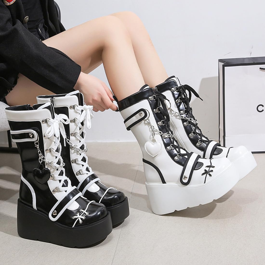 XYKHUI Goth Platform Buckle Boots for Women's Chunky High Heel Lace Up Punk Motorcycle Combat Boots with Chain Black