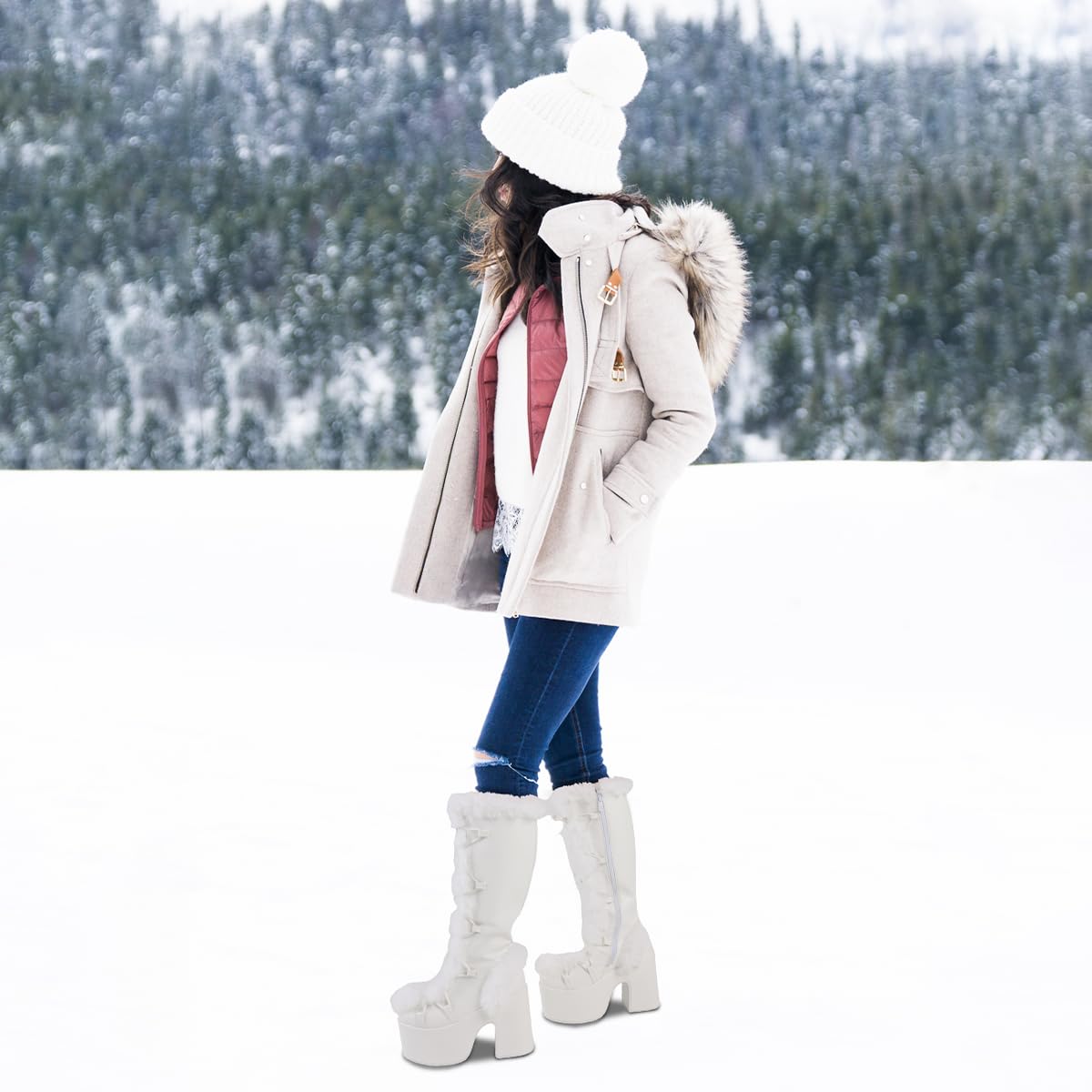 Accloris White Platform Knee High Boots For Womens Warm Faux Fur Lace Up Side Zipper Chunky Heel Punk Goth Winter Snow Mid Calf Boots
