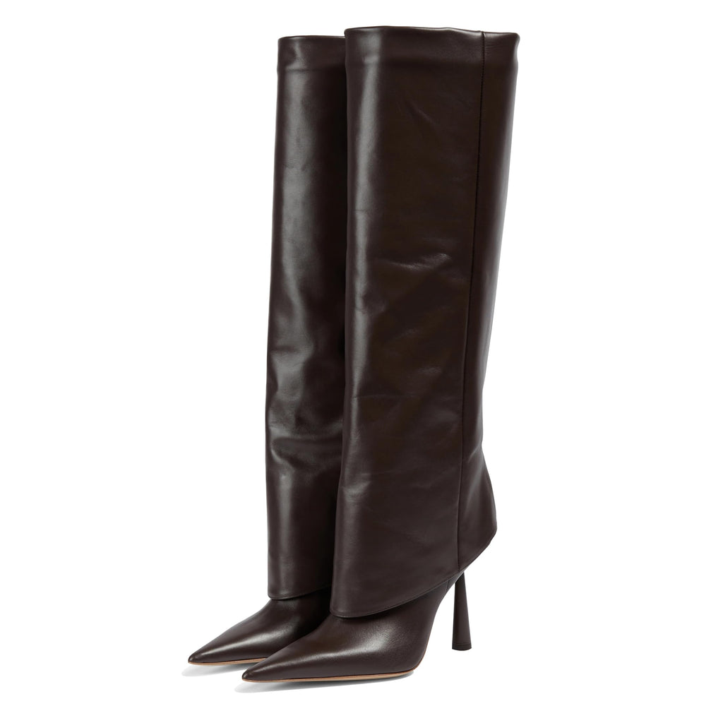 Vertundy Women's Fold Over Boots - Pointed Toe Stiletto Heel Slip On Knee High Boot Fashion Sexy Dress Boot Size 8