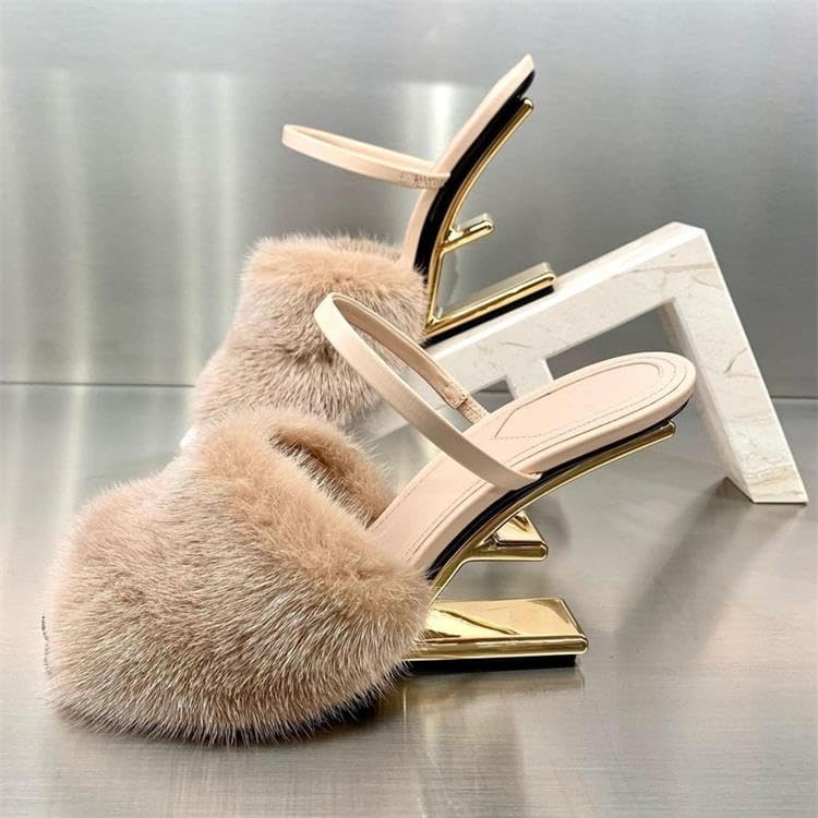Azttoztto Women's Furry Slide Sandals High Heel Round Toe Designer Slippers Unique Geometric Heel Dressy Evening Shoes (apricot color,4.5)