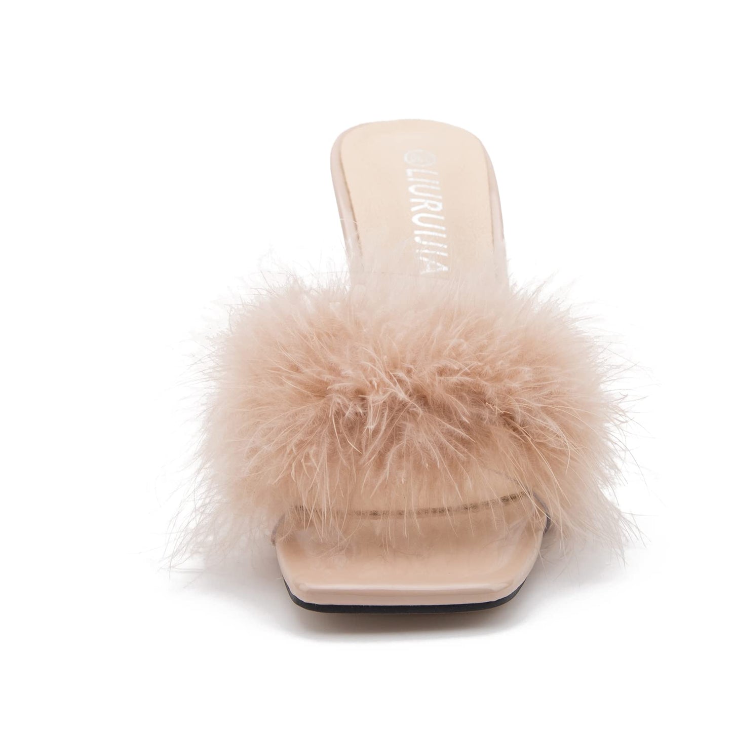 LIURUIJIA Feather High Heel Mules Sandals for Women Slip On Square Toe Clear Tapered Chunky Heels Fuzzy Fluffy Bridal Wedding Party Sexy Shoes Nude 39 US 7.5