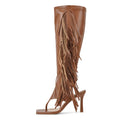 Richealnana Women's Fringe Thong Flip Flop Stilettos Heel Sandals Tassel Zipper Square Toe Long Boots Cut Out Knee High Shoes Brown US 10