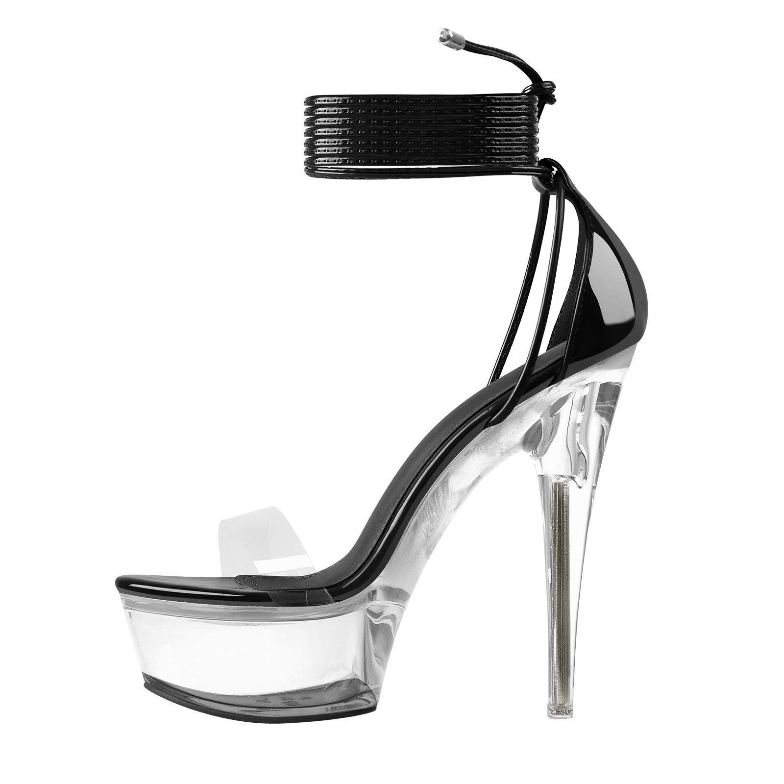 MissHeel Tie Up Platform Heels Clear Ankle Wrap Sandals for Women Black Stiletto High Heels 6 inch Sexy Party Dancing