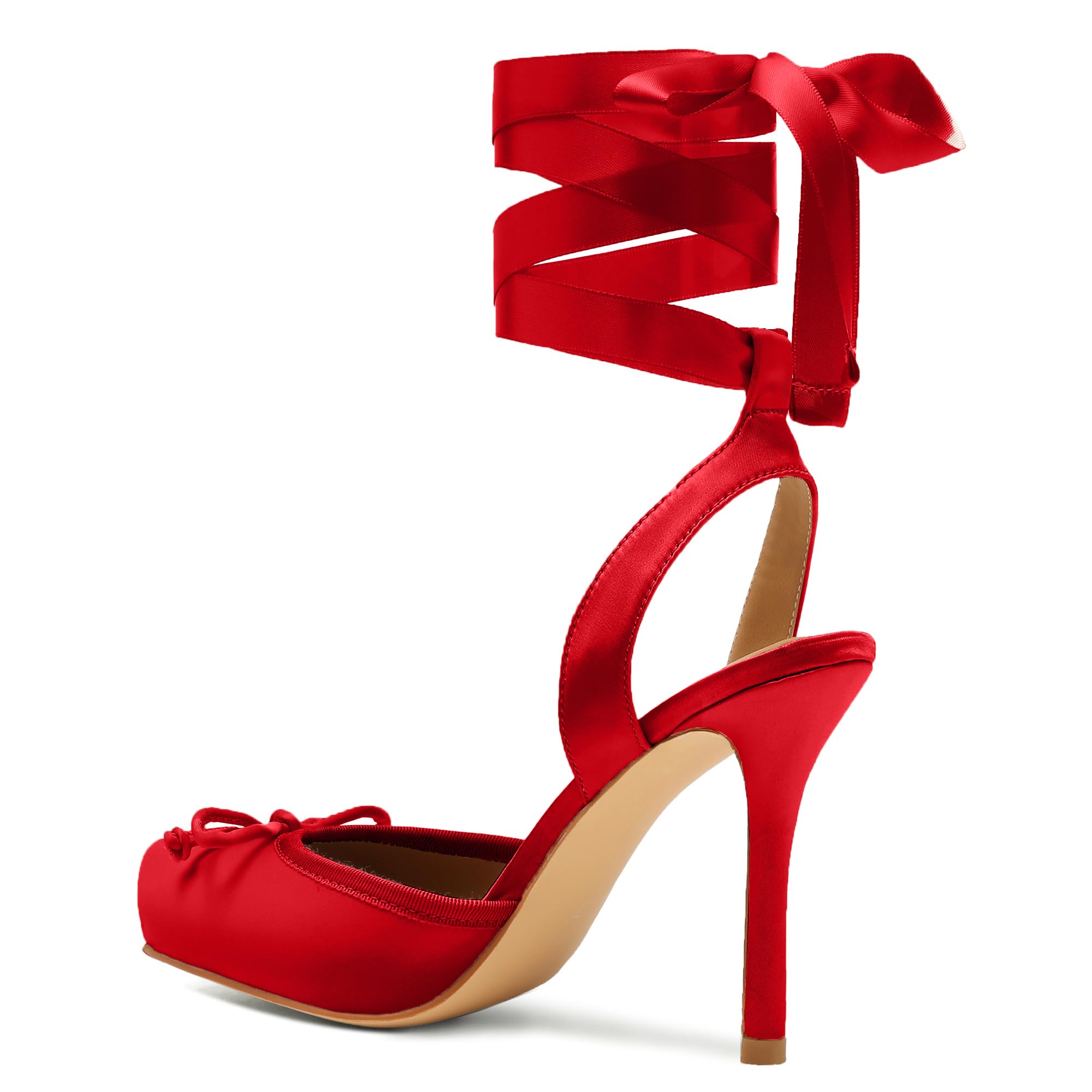 Riekhany Satin Ballet Heels for Women Closed Square Toe Bow Ballerina Heels Lace Up High Heel Slingback Pumps Strappy Stiletto Mary Janes Elegant Party Shoes Red