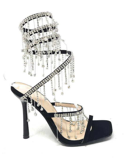 Wild Diva Women's Narala-51 Chandelier Embellished Rhinestone Spiral Coil Wrap Around Stiletto Heels (Black Nubuck, US Footwear Size System, Adult, Women, Numeric, Medium, 8)