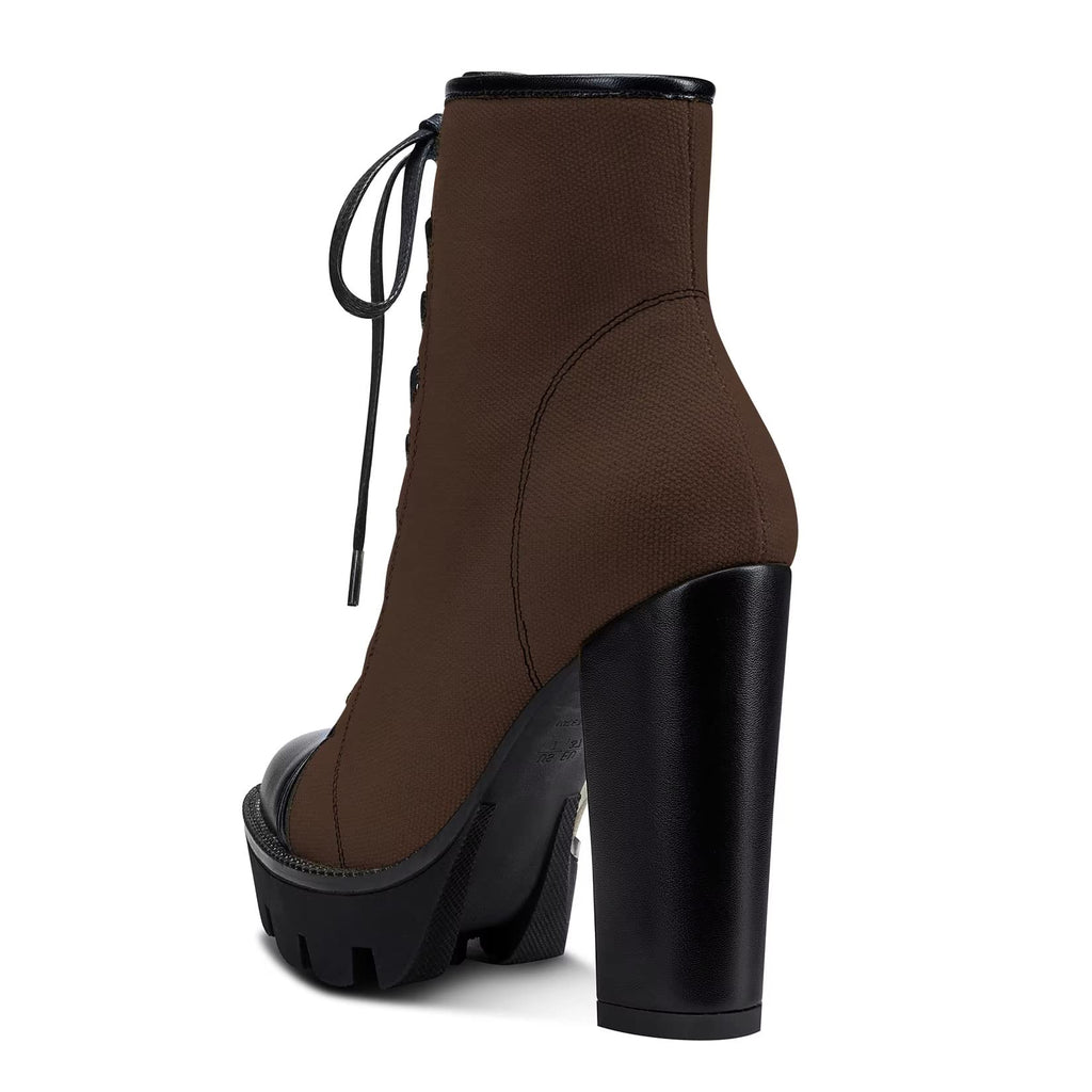 NobleOnly Women High Heel Platform Round Toe Ankle Boots Short Bootie Zipper Lace-up Riding Boots Classic Party Office 5.1 Inches Heels Brown