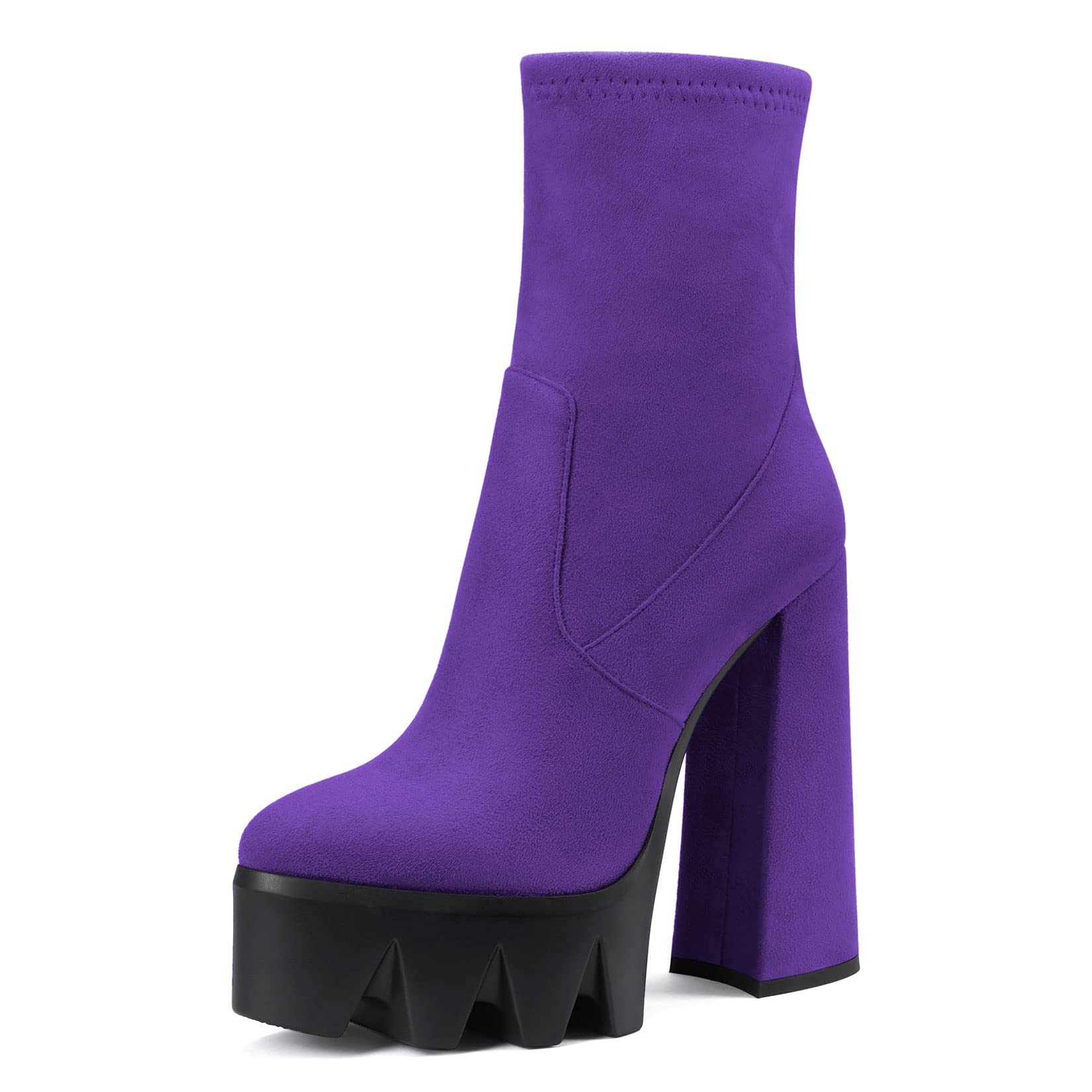 DearOnly Women Chunky Block High Heel Platform Pointed Toe Ankle Boots Short Bootie Zipper Slip-on Classic Wedding Party 5.5 Inches Heels Boots Purple Suede A 9.5 M US