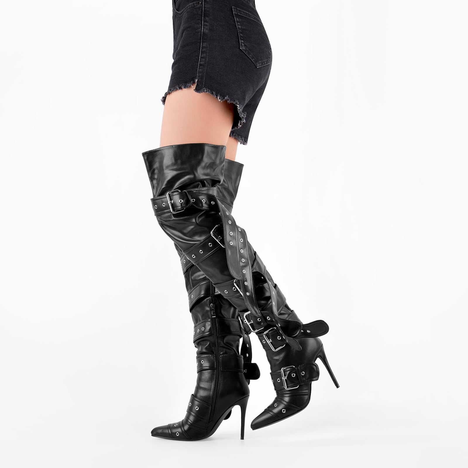 onlymakerheels Multi Buckle Strap Over the Knee Pointed Toe Belts Stiletto Heeled Booty Thigh High Black Size12