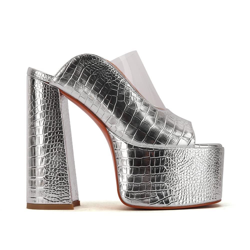 Makmeoyw Platform Heels Slippers Slip On Show Slingback Chunky Heels Sparkly Sandals Square Toe Mules Open Toe High Heels Slide-on Sandals Silver Size 39