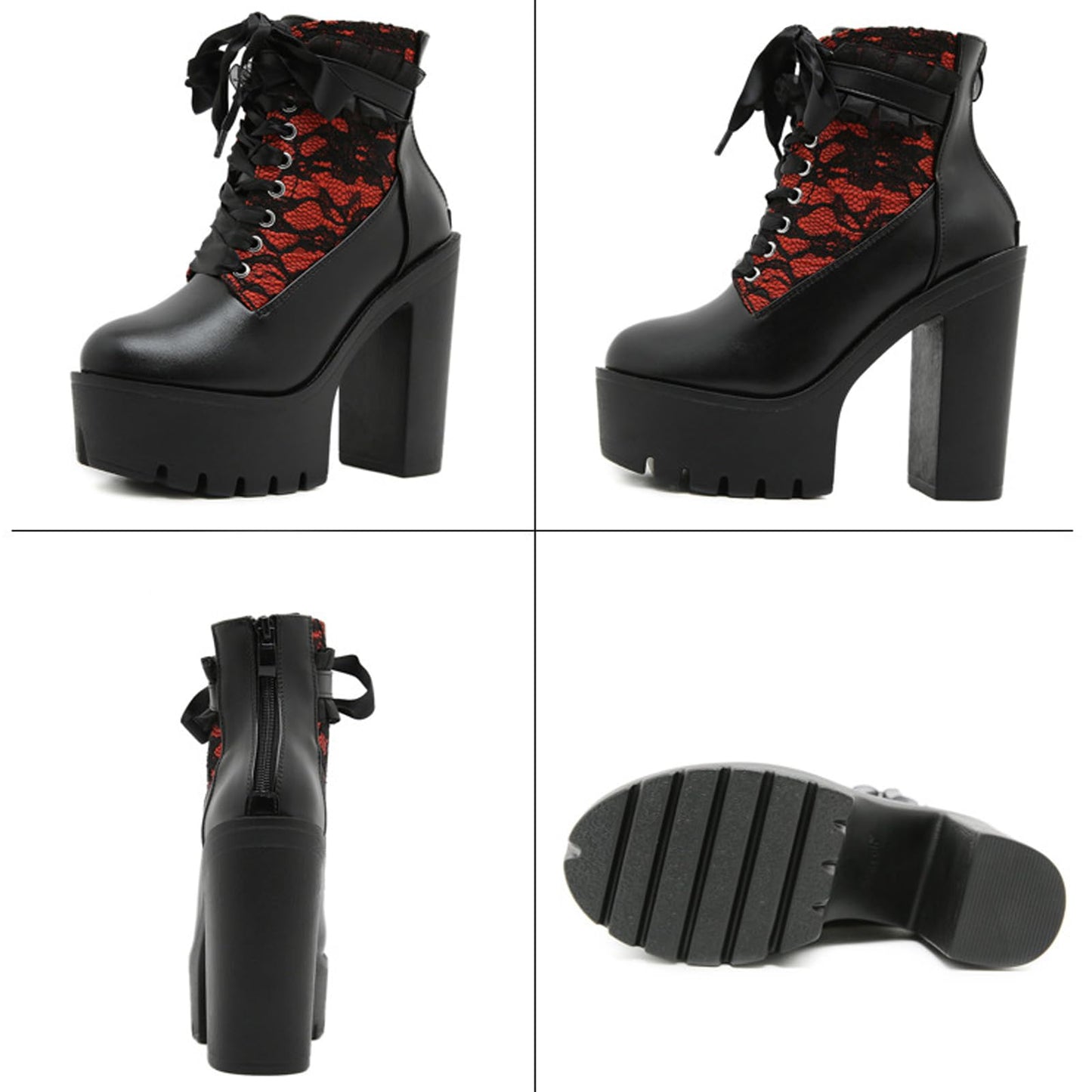 NEJKG Women's Gothic Rave Boots, Leather Lace Splicing Platform Chunky Heels, Ankle Boots, Black, Size 6