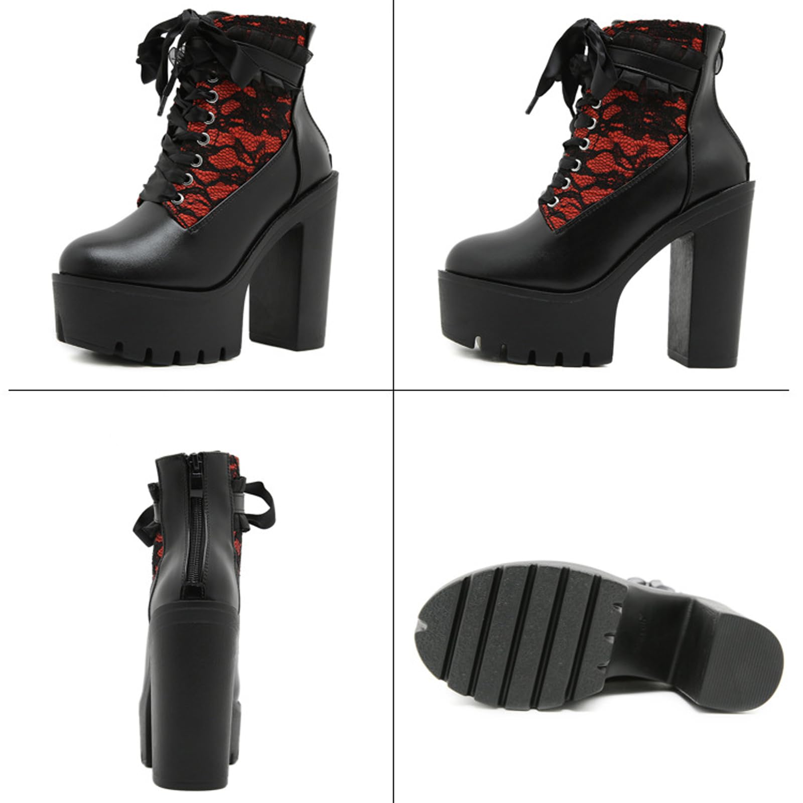 NEJKG Women's Gothic Rave Boots, Leather Lace Splicing Platform Chunky Heels, Ankle Boots, Black, Size 6