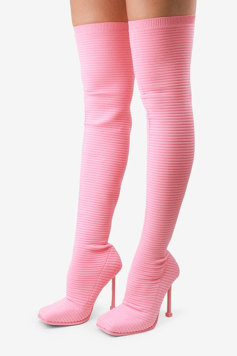 Lemonade Women's Over The Knee Heels Boots High Heel Stretch Knit Pointed To Thigh Long Boots -That Girl Pink