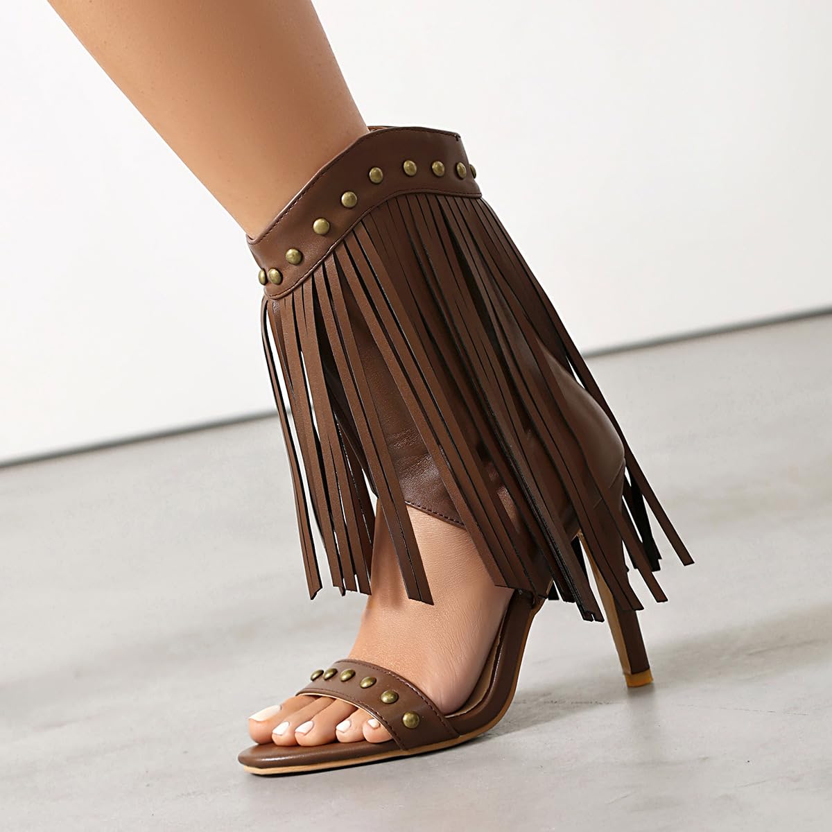 Rhineshell Women's Fringed High Heels Side Zipper Ankle Sandal Boots Studded Heeled Sandals Tassels Round Open Toe Stilettos Faux Leather Zip Up Party Dress Shoes Dark Brown Size 7