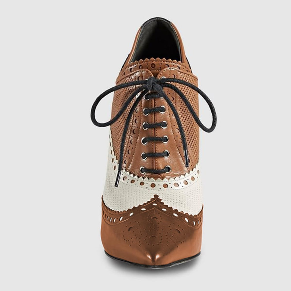 Maiyang Women Pointed Toe Wingtip Oxfords Brogues Boots Lace up Stiletto High Heel Party Event Dating Ankle Boots Size 8 Brown Multi