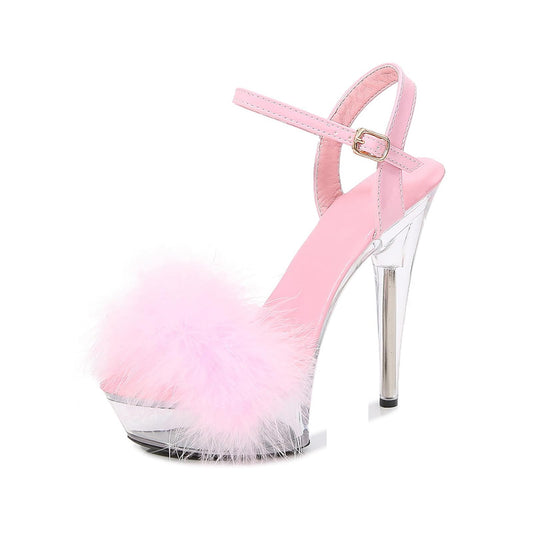Baffoloo Women's Clear Platform Stiletto Fuzzy High-heeled Ankle Strap Party Casual Sexy Heels for Dancing Pole Dance Heels Casual Sandals Pink