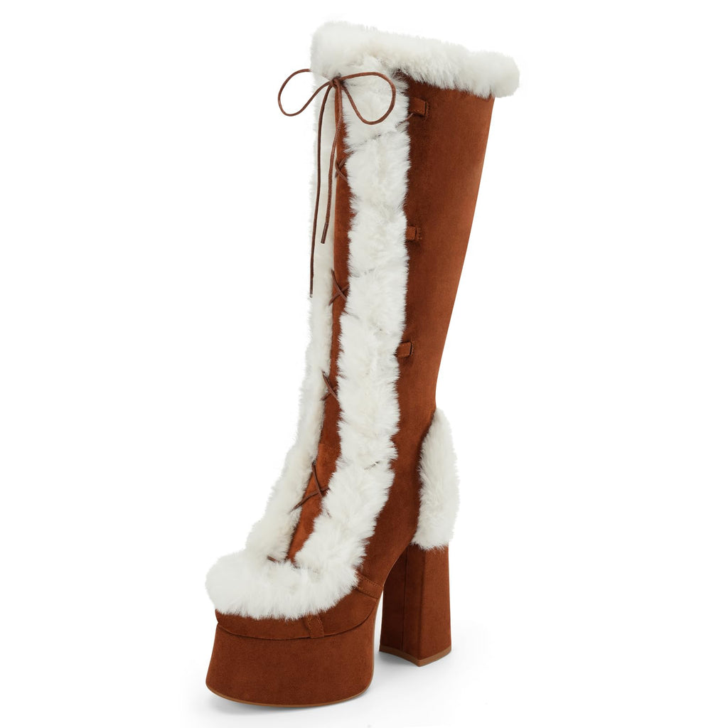 Brown Fur Perisis Women's High Chunky Heel Platform Knee High Boots