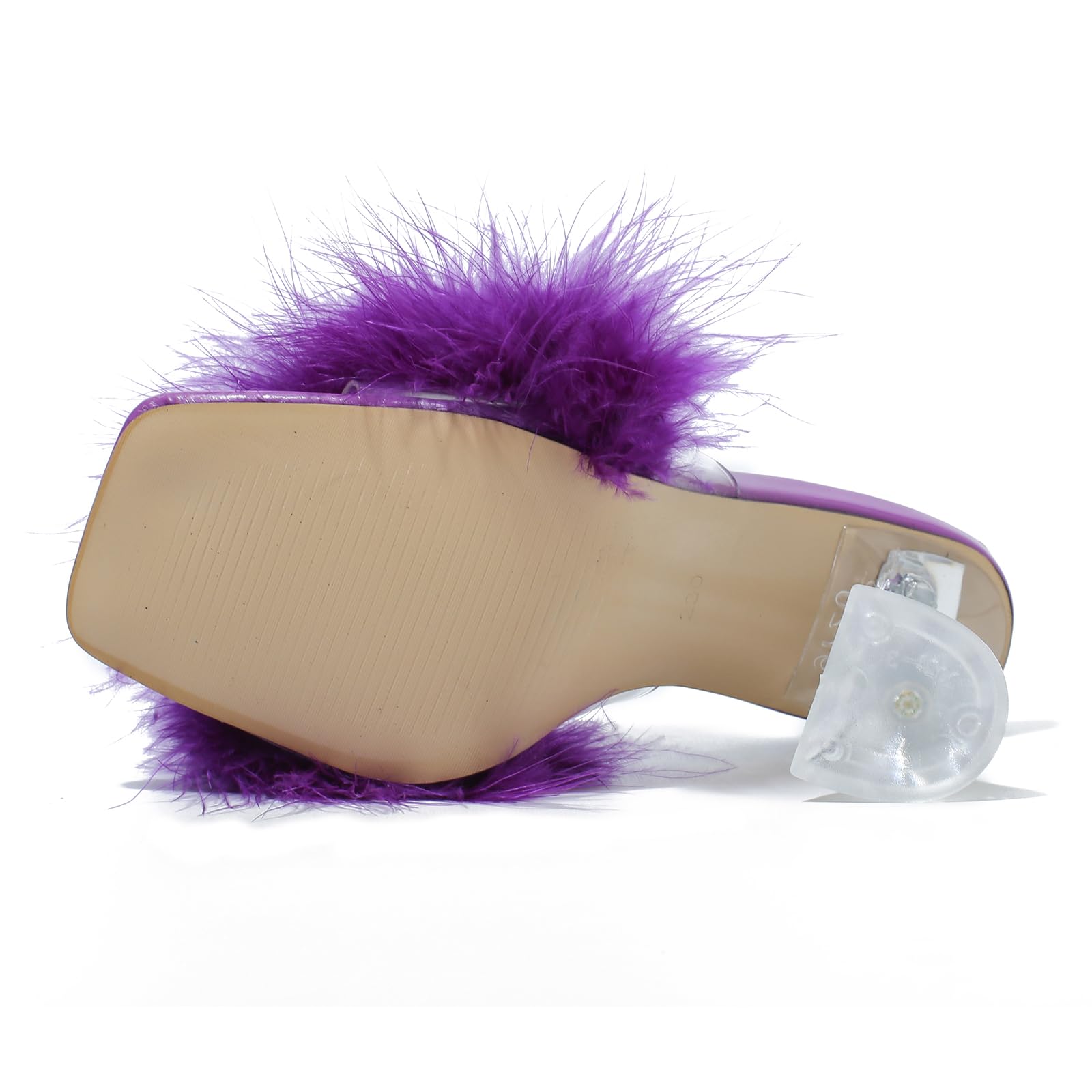 LIURUIJIA Women's Square Toe Feather Fluffy Fuzzy Heels High Heeled Dress Sandals Wedding Bridal Party Shoes Purple